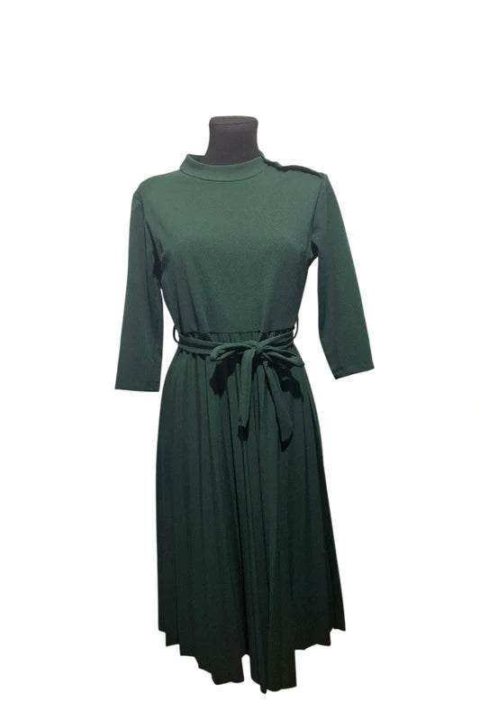 Sukienka Ołówkowa Plisy Zielona Midi  Rękaw 3/4 Włoska Moda Święta S/M