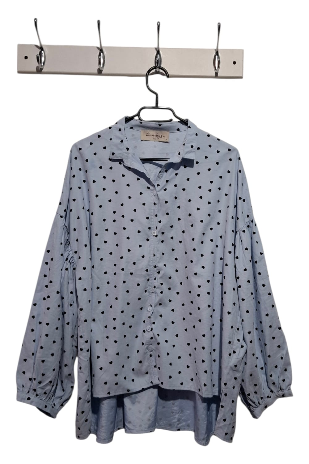 Zwiewna Koszula Damska Oversize Błękit Serduszka Wiya Timless TU Bufki Luźna