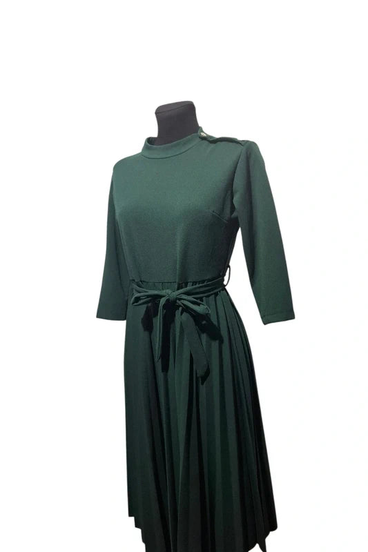 Sukienka Ołówkowa Plisy Zielona Midi  Rękaw 3/4 Włoska Moda Święta S/M