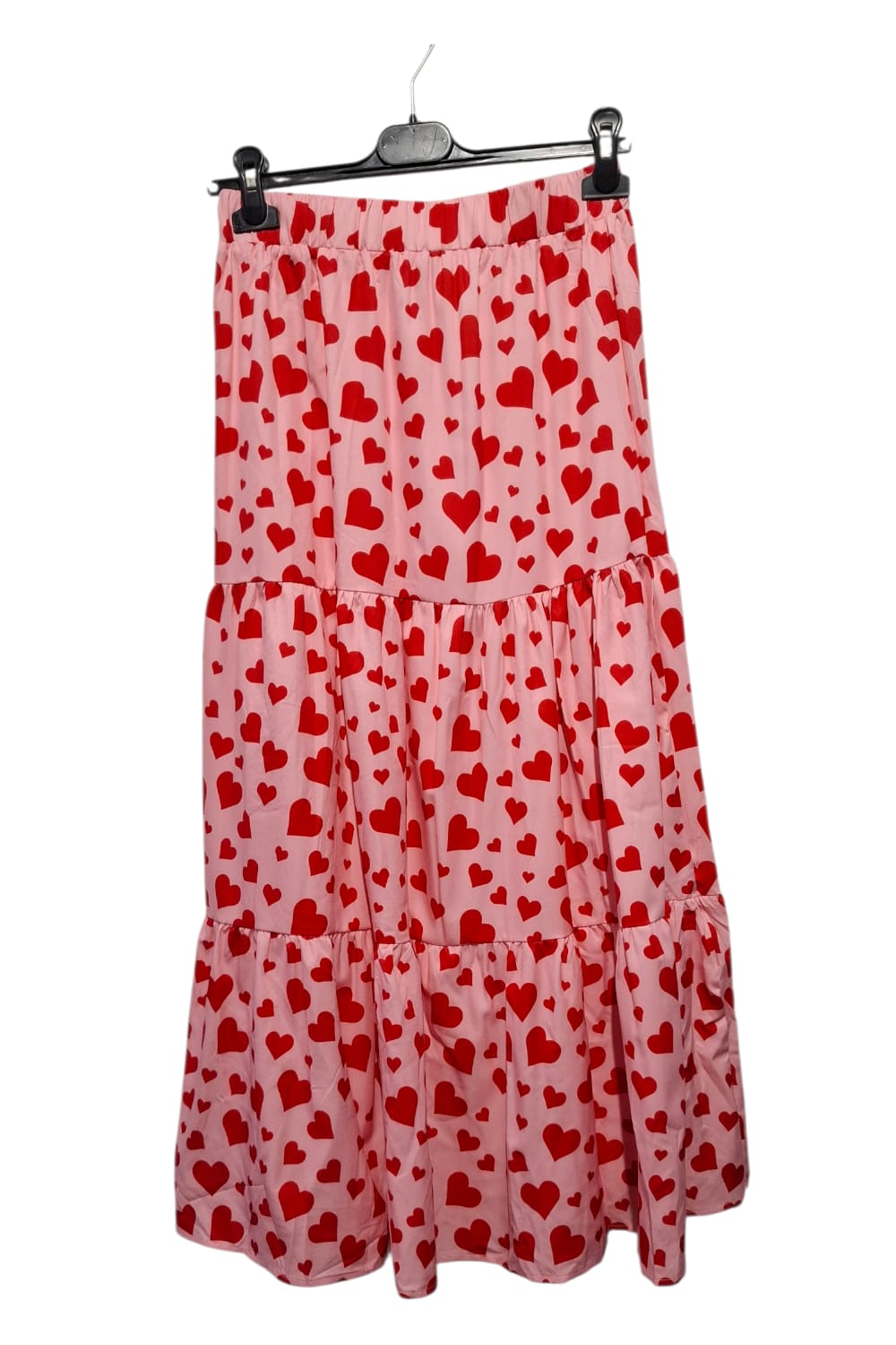 Romantyczna Spódnica damska Maxi w Serduszka M Róż Falbany Tiered 91cm