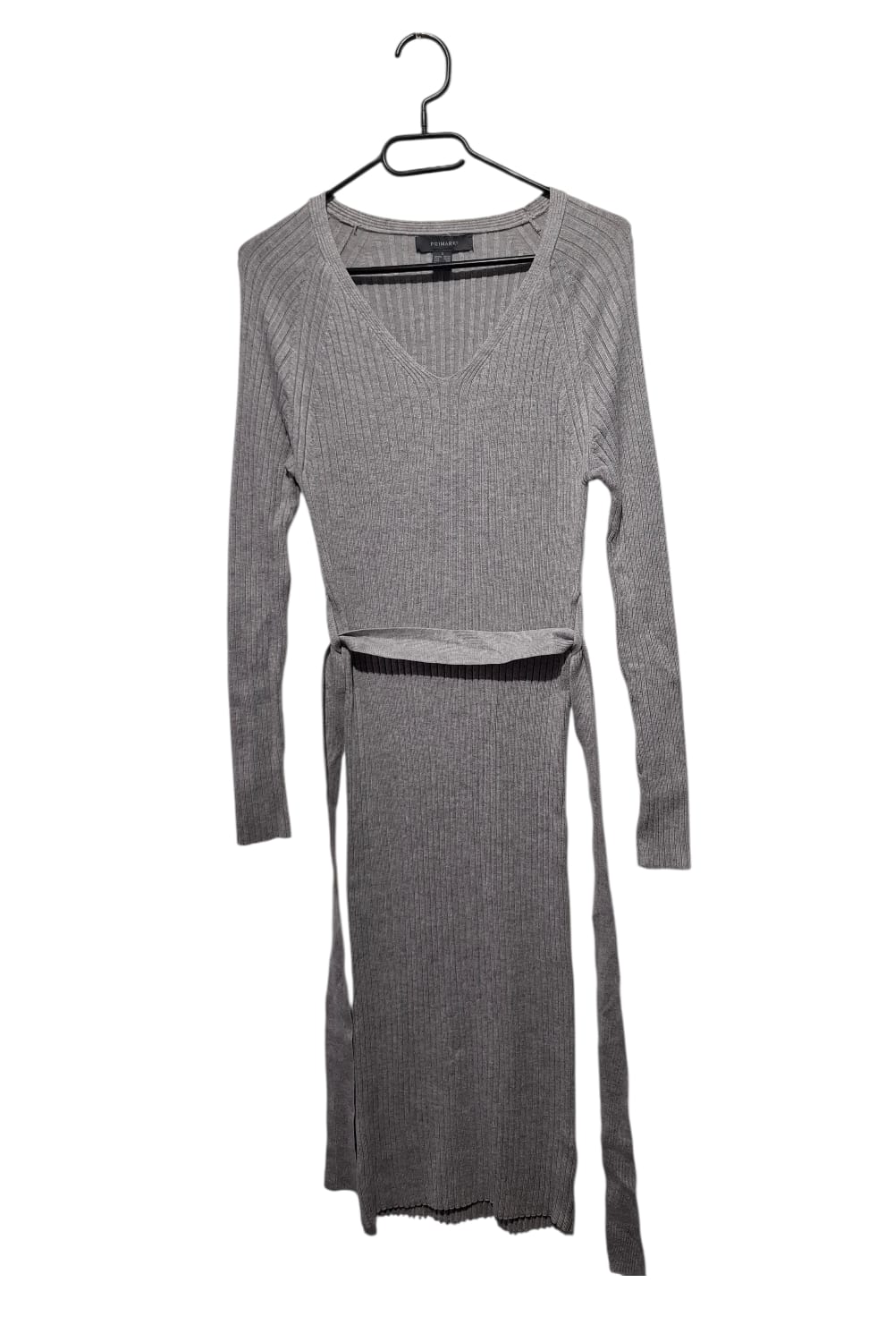 Ołówkowa Sukienka Swetrowa Primark S Szara Prążkowana Midi Wiązana
