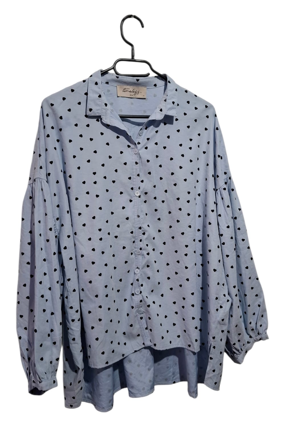 Zwiewna Koszula Damska Oversize Błękit Serduszka Wiya Timless TU Bufki Luźna