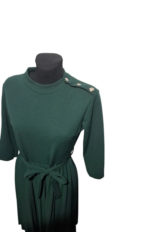 Sukienka Ołówkowa Plisy Zielona Midi  Rękaw 3/4 Włoska Moda Święta S/M