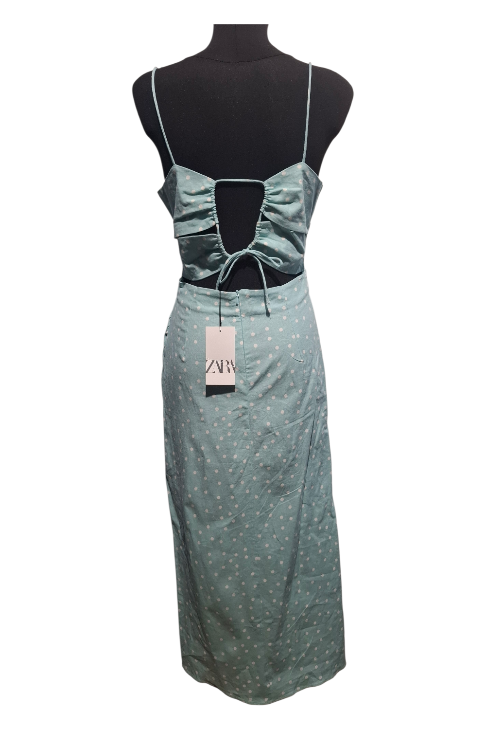 Zwiewna sukienka midi ZARA z wycięciem (Cut-Out), miętowa, groszki, ramiączka, M/38