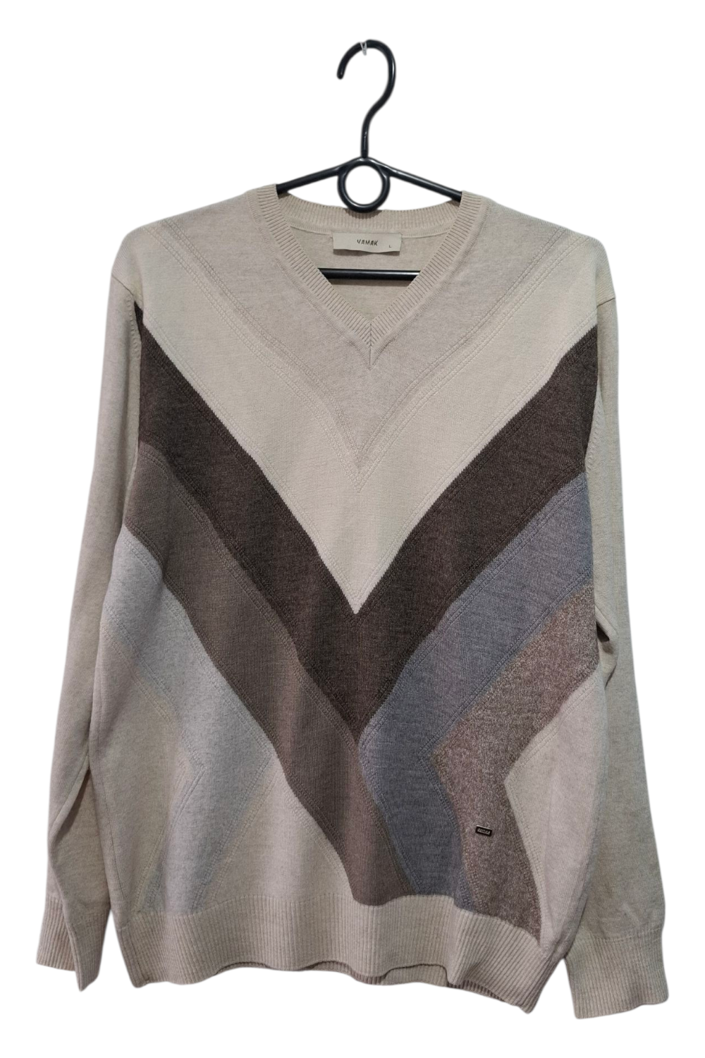 Sweter VAMAK Rozmiar L - Wełna Merino/Akryl - Paski w Jodełkę (Chevron) Beż/Brąz/Szary