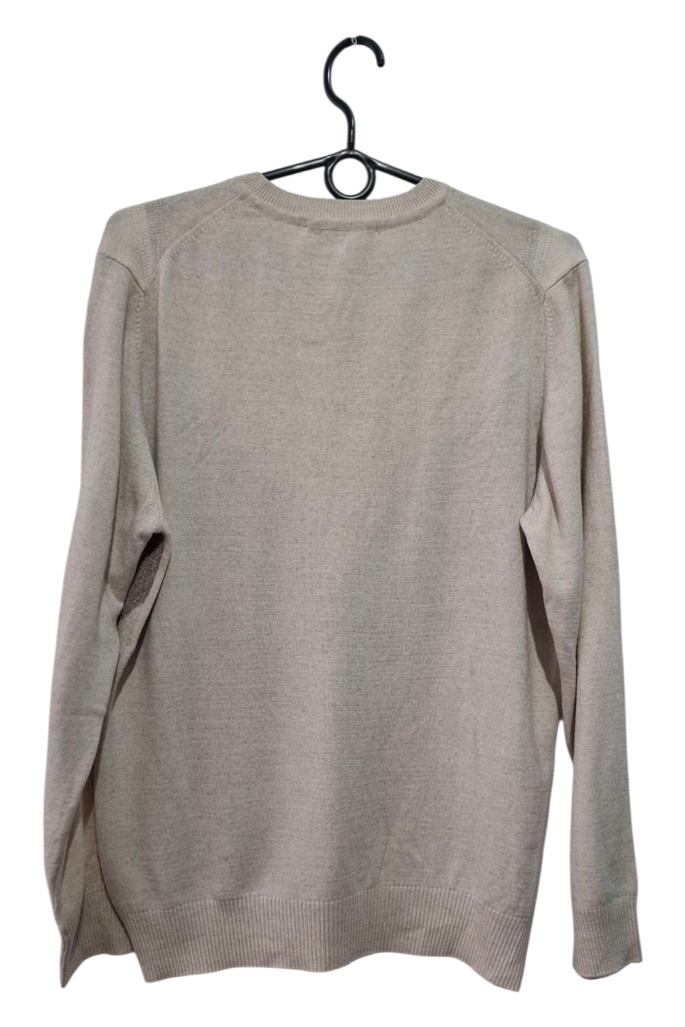 Sweter VAMAK Rozmiar L - Wełna Merino/Akryl - Paski w Jodełkę (Chevron) Beż/Brąz/Szary