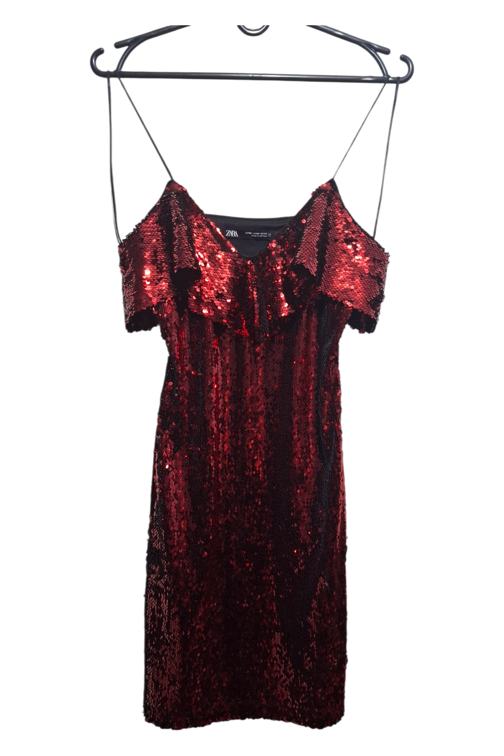 Zara Cekinowa Sukienka XS Czerwona Falbany Sylwester Święta