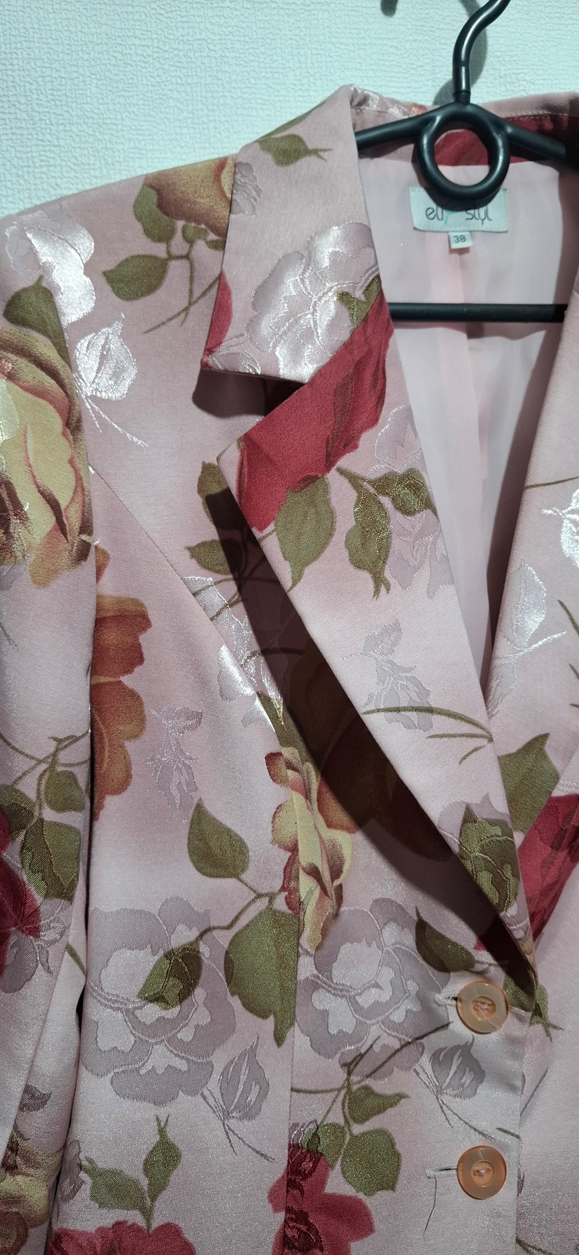Elegancka Marynarka ELL STYL Żakiet 38 Różowe Róże Błyszczące Srebrne Akcenty