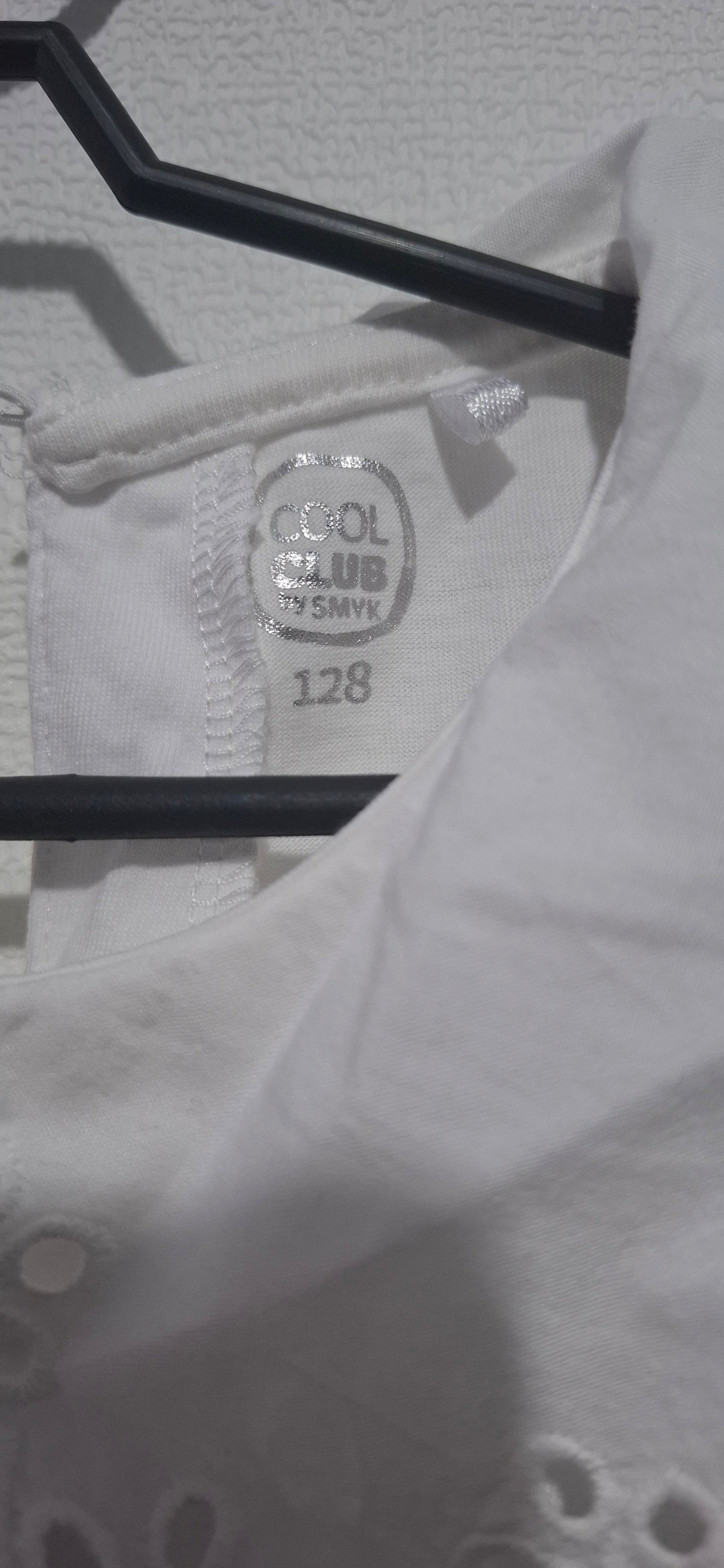 Biała Bluzka T-shirt COOL CLUB SMYK 128 Koronkowy Kołnierzyk Angielskie Haft Oczko Szkoła Elegancka