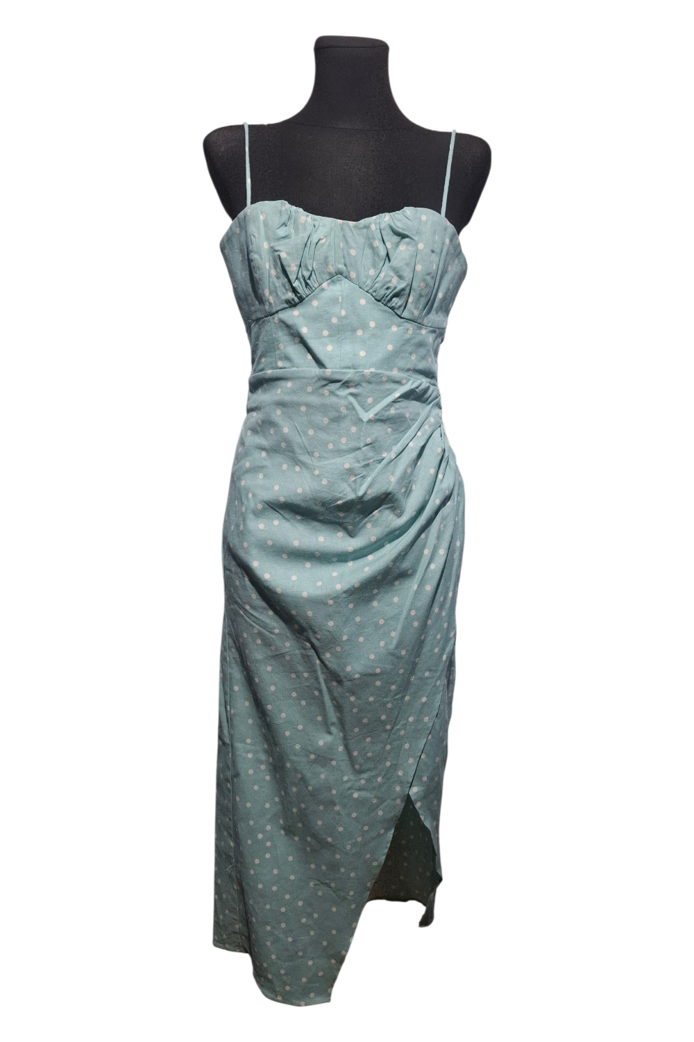 Zwiewna sukienka midi ZARA z wycięciem (Cut-Out), miętowa, groszki, ramiączka, M/38