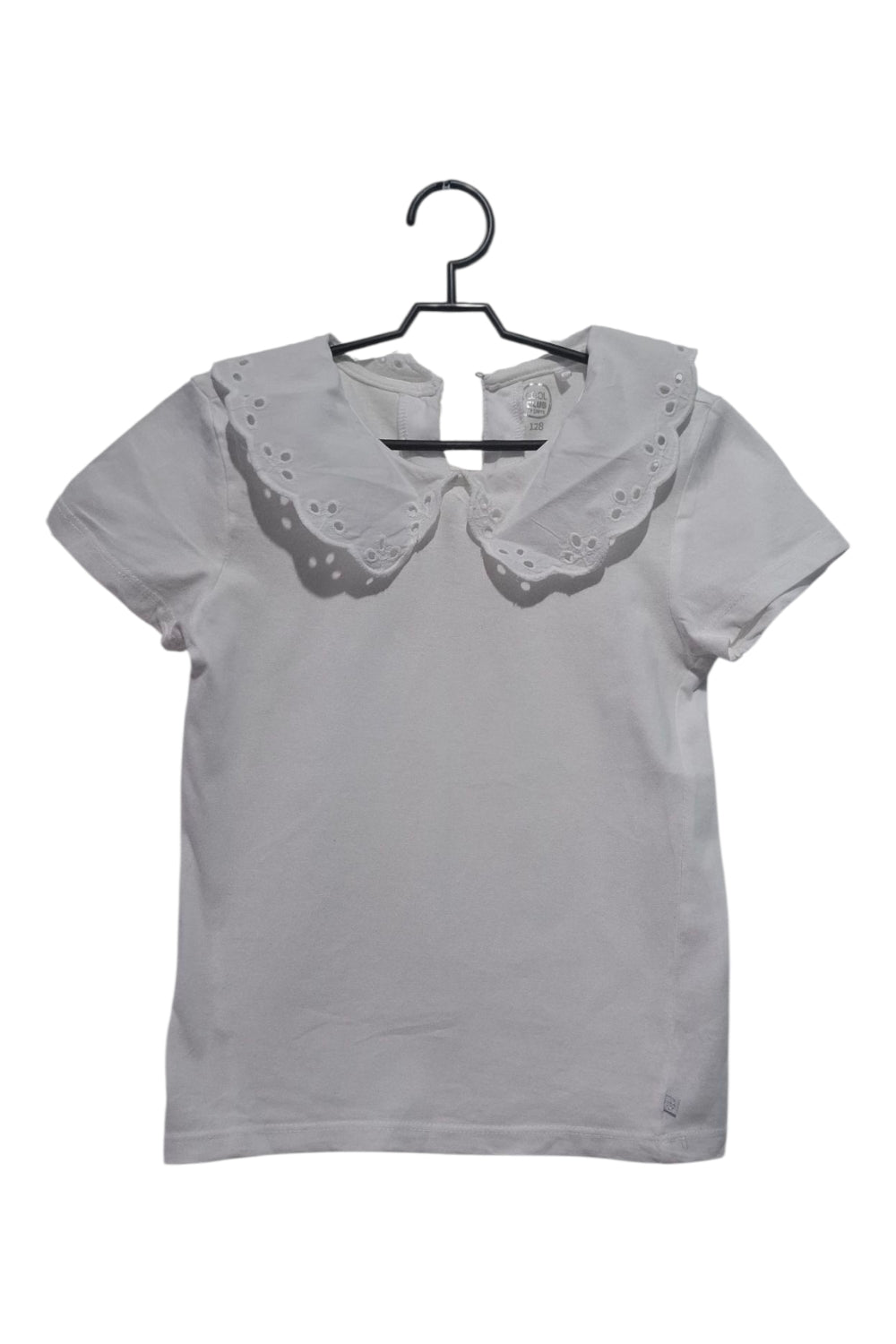 Biała Bluzka T-shirt COOL CLUB SMYK 128 Koronkowy Kołnierzyk Angielskie Haft Oczko Szkoła Elegancka