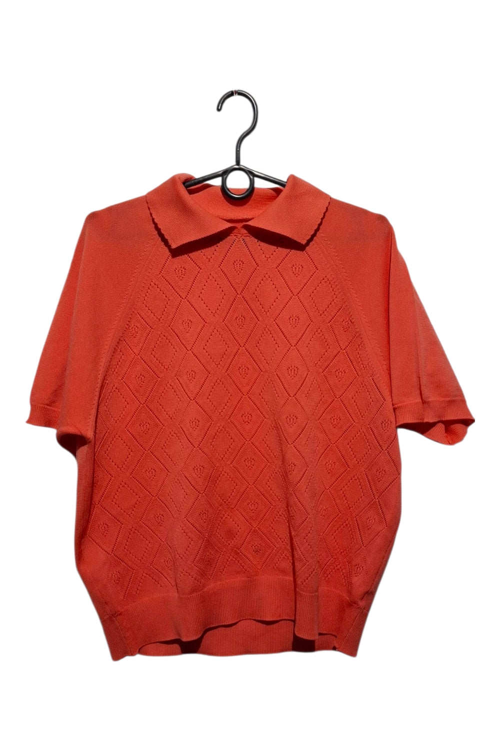 Vintage Sweterek Polo Łososiowy Koral Ażurowy Krotki Rękaw r. 16/44