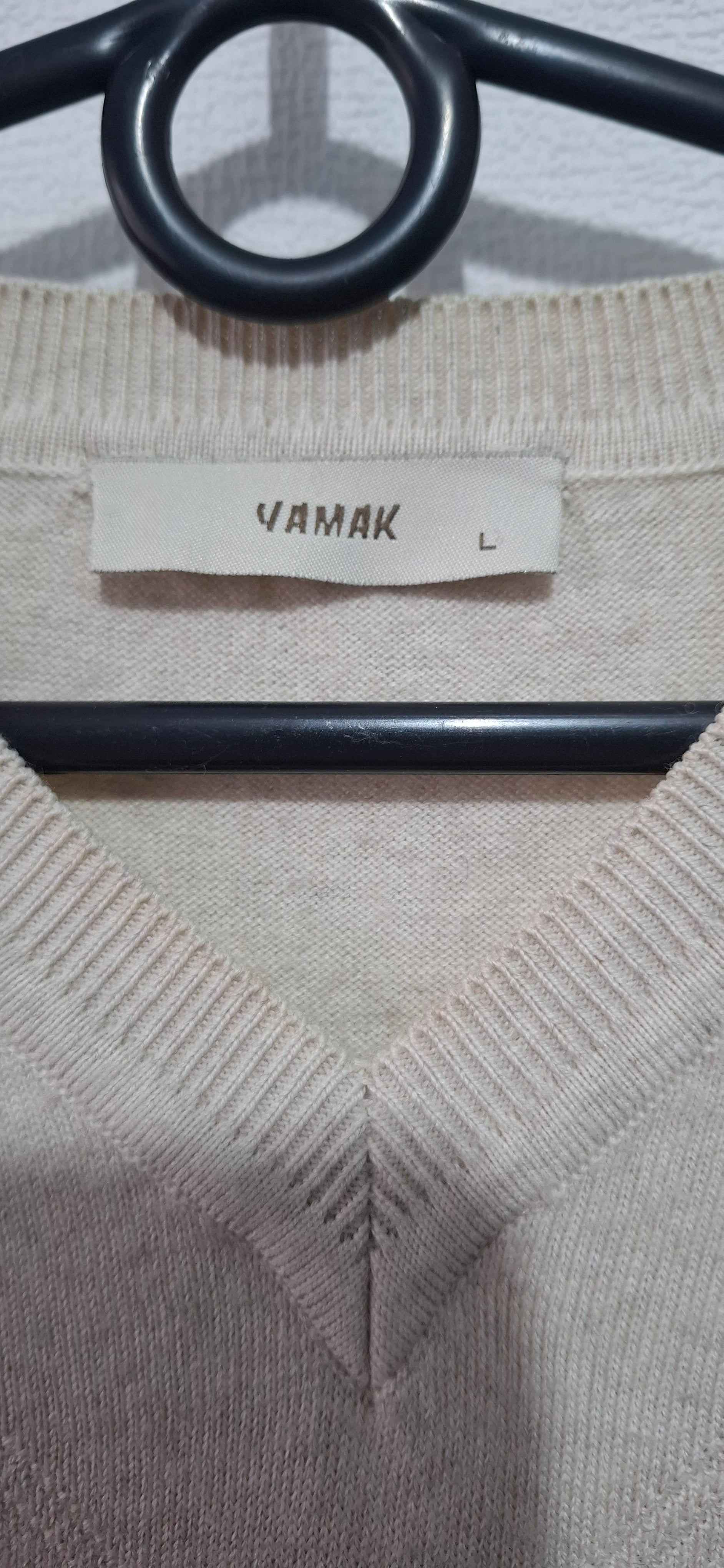 Sweter VAMAK Rozmiar L - Wełna Merino/Akryl - Paski w Jodełkę (Chevron) Beż/Brąz/Szary