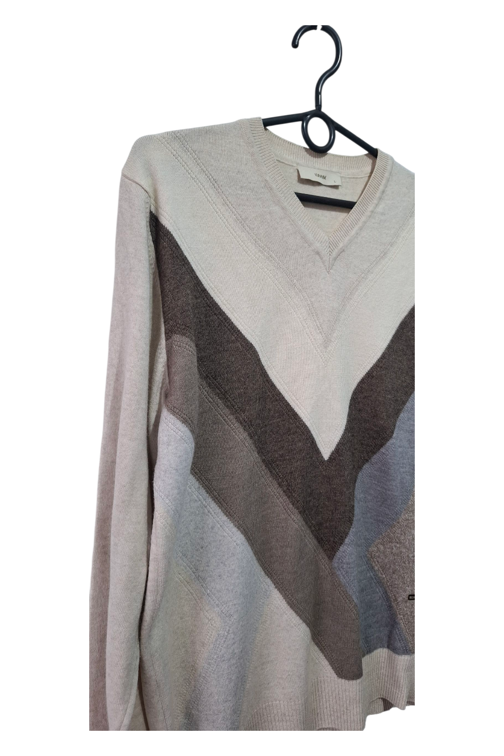 Sweter VAMAK Rozmiar L - Wełna Merino/Akryl - Paski w Jodełkę (Chevron) Beż/Brąz/Szary